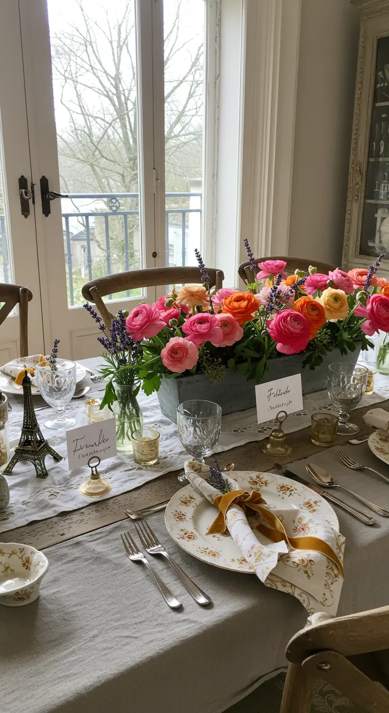 Rustic dining table with a linen runner, colorful flowers in a metal box, and Eiffel Tower decor