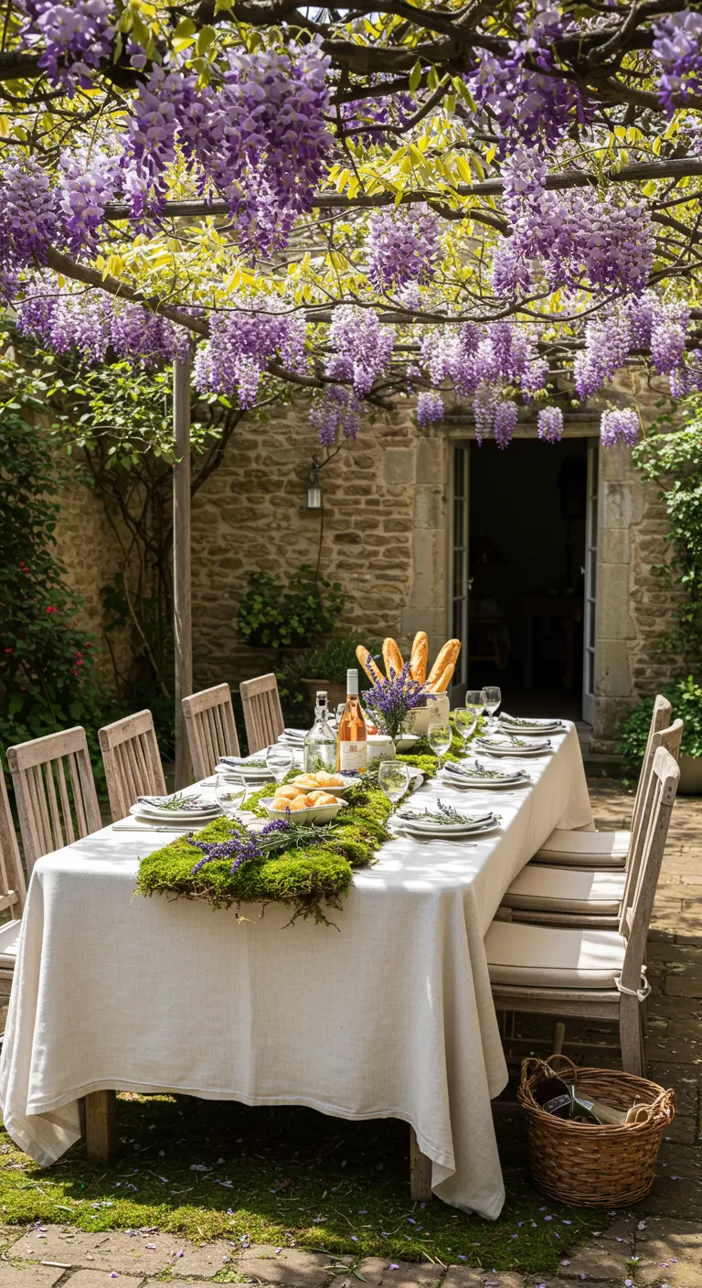 French country-style lunch table with a moss runner set in a courtyard under wisteria.
