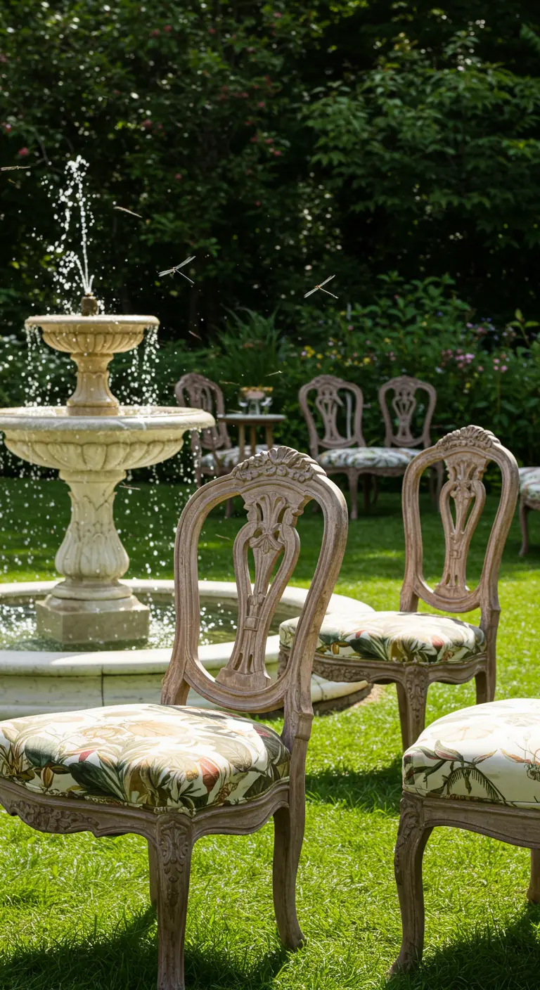 Light wood chairs with botanical print cushions are arranged on a lawn near a fountain.