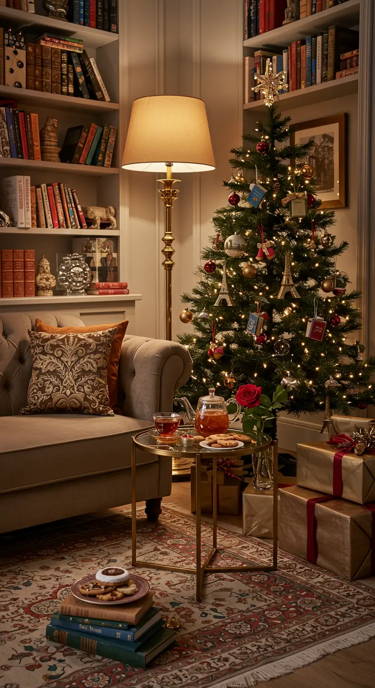 A cozy living room with a Christmas tree, bookshelves, and a side table set for tea