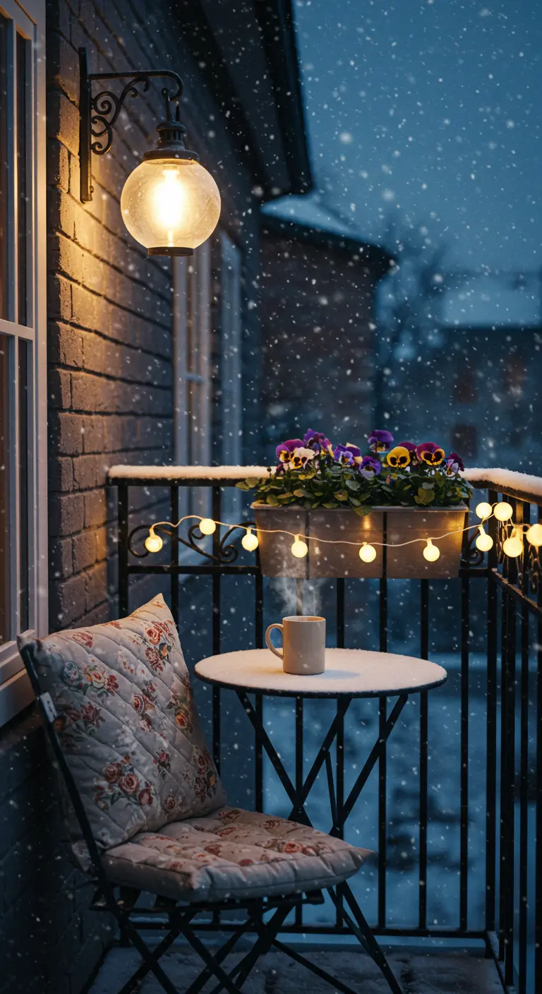Small snowy balcony with a bistro chair, floral cushion, and a warm wall light.