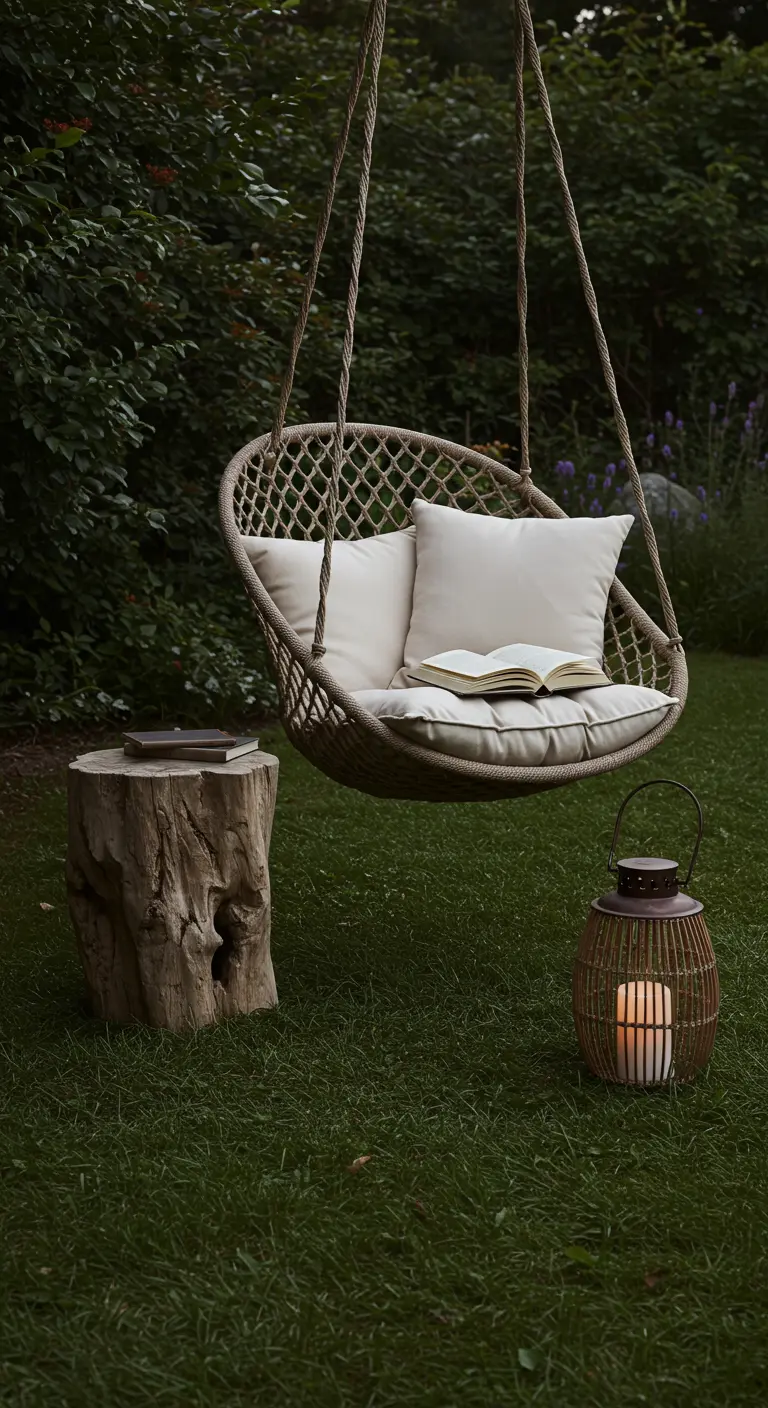 Woven hanging basket chair on a lawn next to a log stump side table.