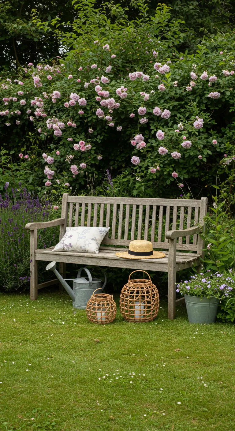 Weathered teak bench in a lush garden with a rose bush and wicker lanterns.