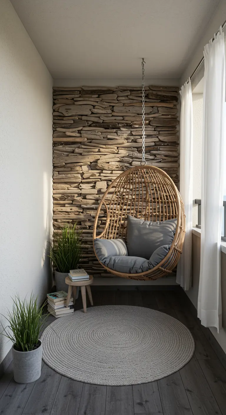 A cozy balcony corner with a hanging rattan egg chair in front of a driftwood wall.
