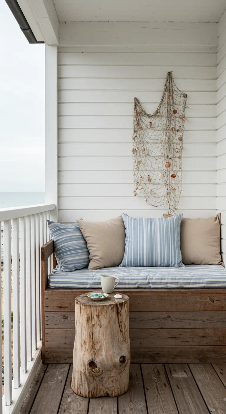 A cozy balcony nook with a wooden bench, striped cushions, and a fishing net with seashells on the wall.