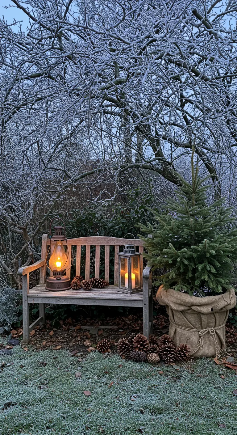 Wooden bench with lanterns and pinecones under a frosty tree next to a burlap-wrapped spruce.