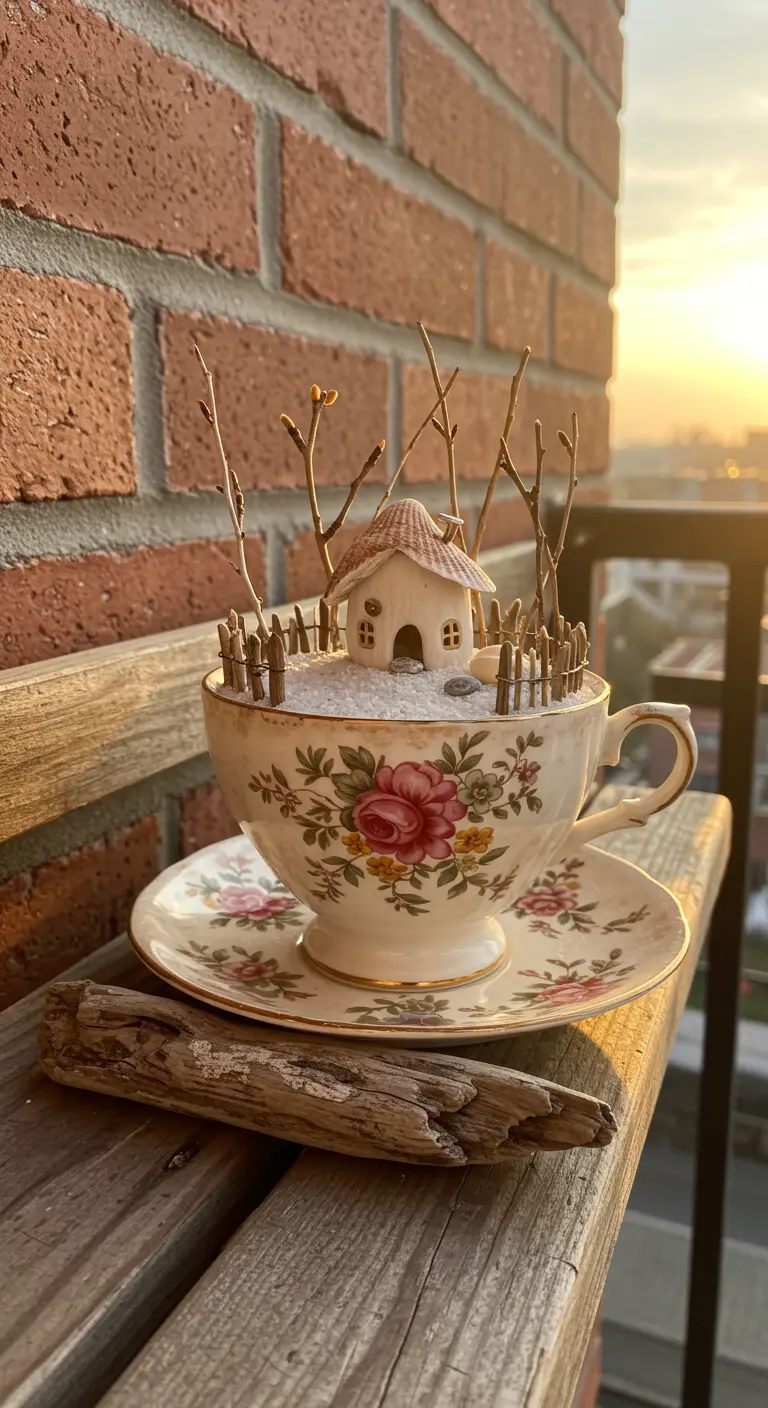 A floral teacup on a saucer holds a miniature house and twig trees in white sand.