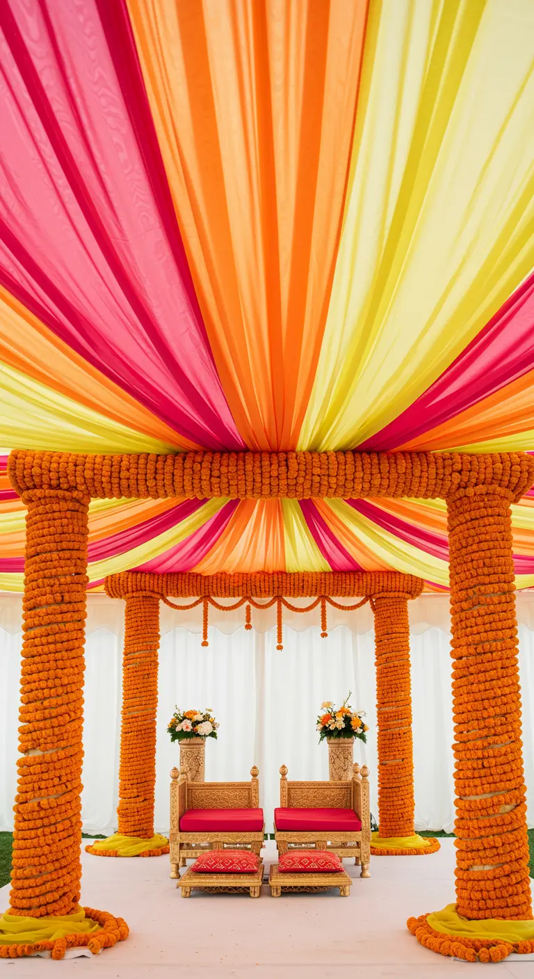 A vibrant wedding mandap with marigold-wrapped pillars and a ceiling of pink, orange, and yellow drapes.