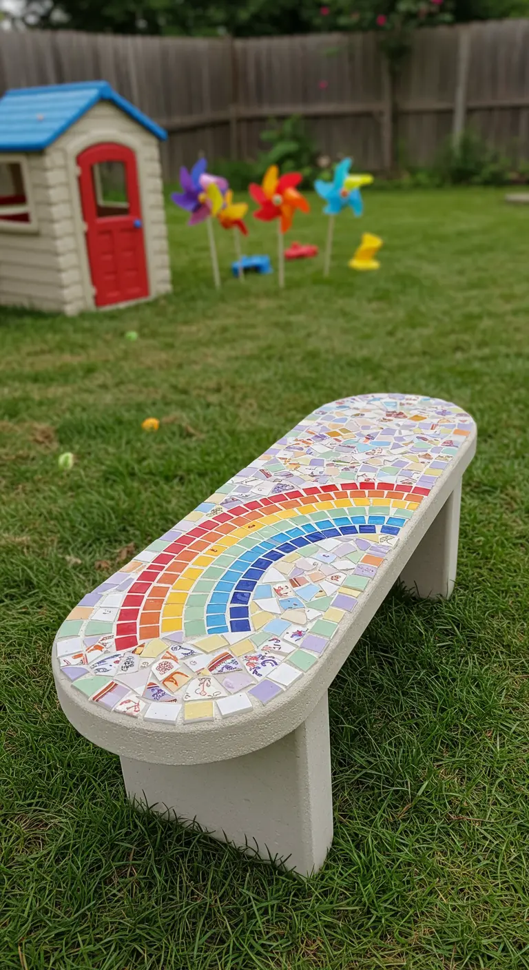 A child-friendly concrete bench in a backyard with a colorful rainbow mosaic top.