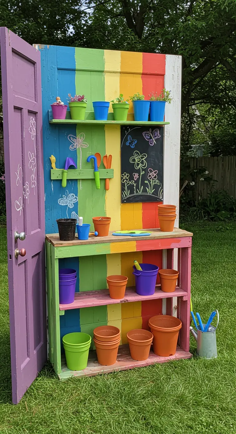 A potting station painted with bright rainbow stripes, designed for children with colorful pots and tools.