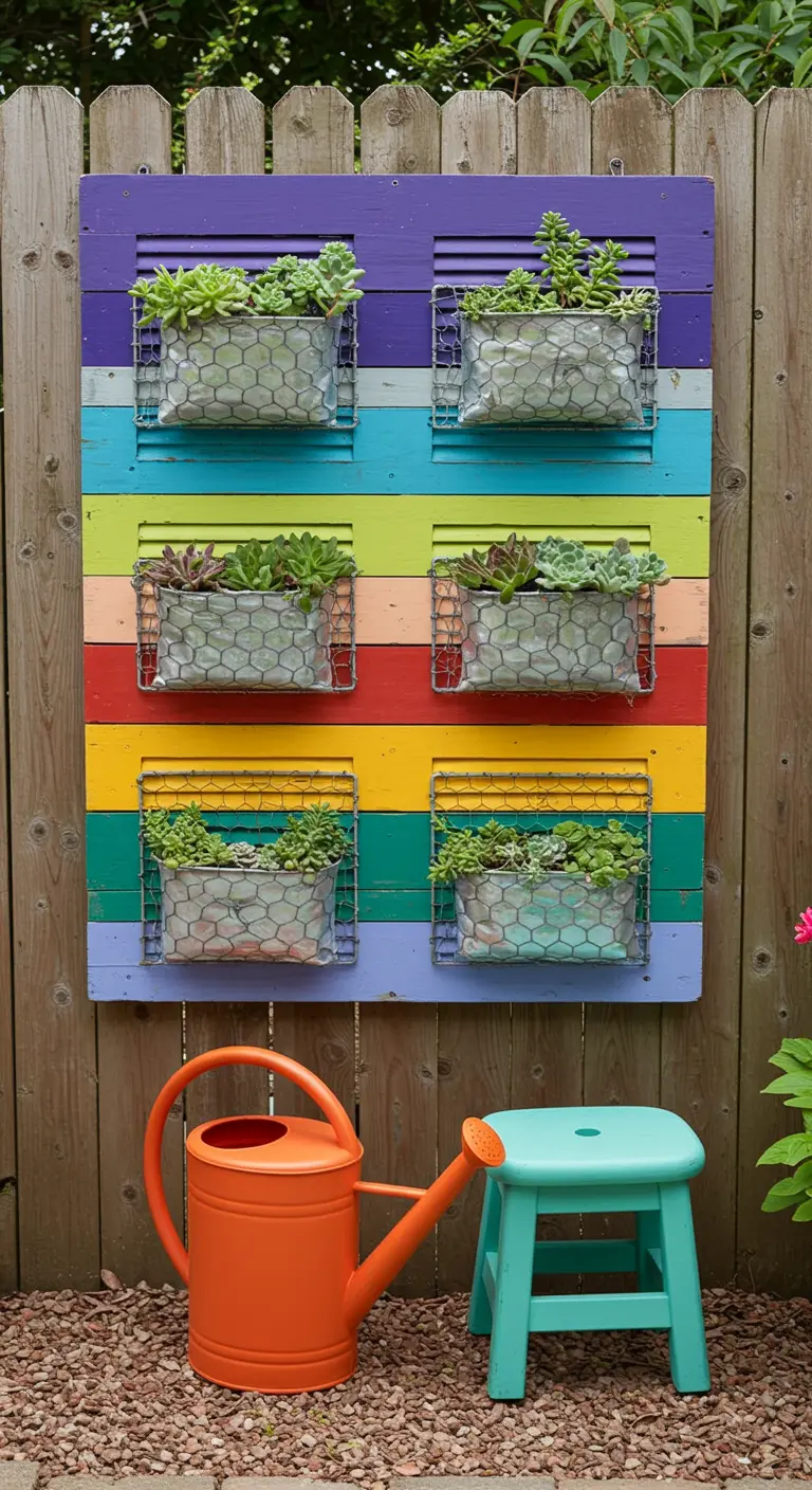 A shutter painted with horizontal rainbow stripes holds four succulent planters.