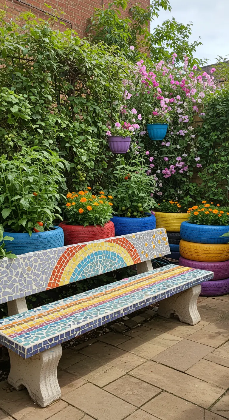 A rainbow mosaic bench sits in front of colorful planters made from recycled tires.