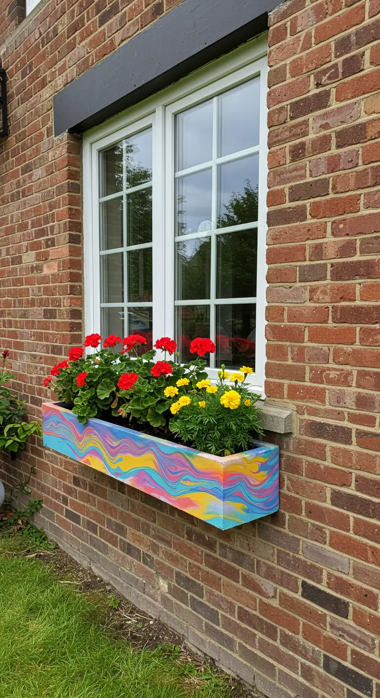 A brightly marbled window box in rainbow colors, filled with red and yellow flowers.