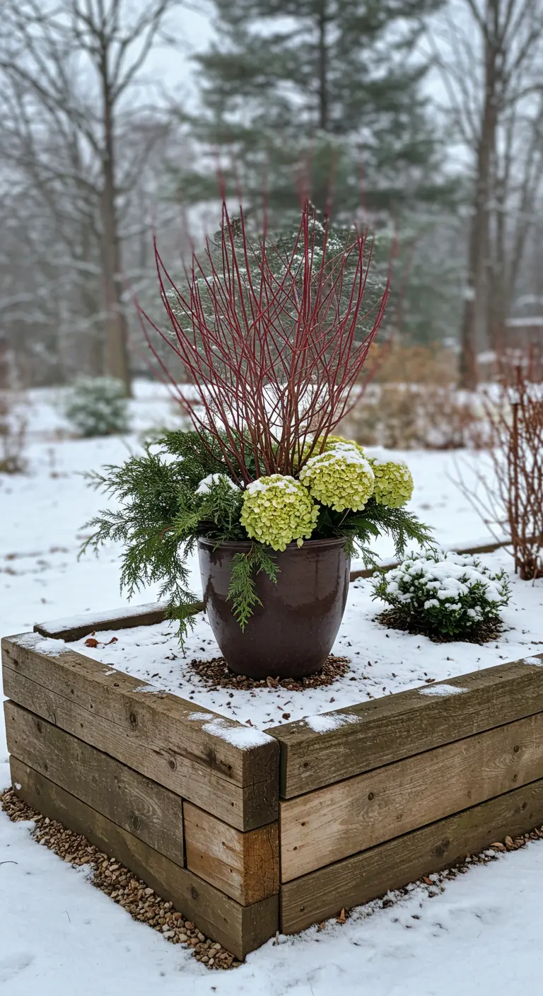 A pot with red twig dogwood and hydrangeas sits in a wooden raised garden bed.
