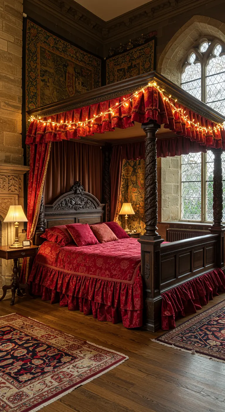 Ornate dark wood four-poster bed with red ruffled bedding and fairy lights.