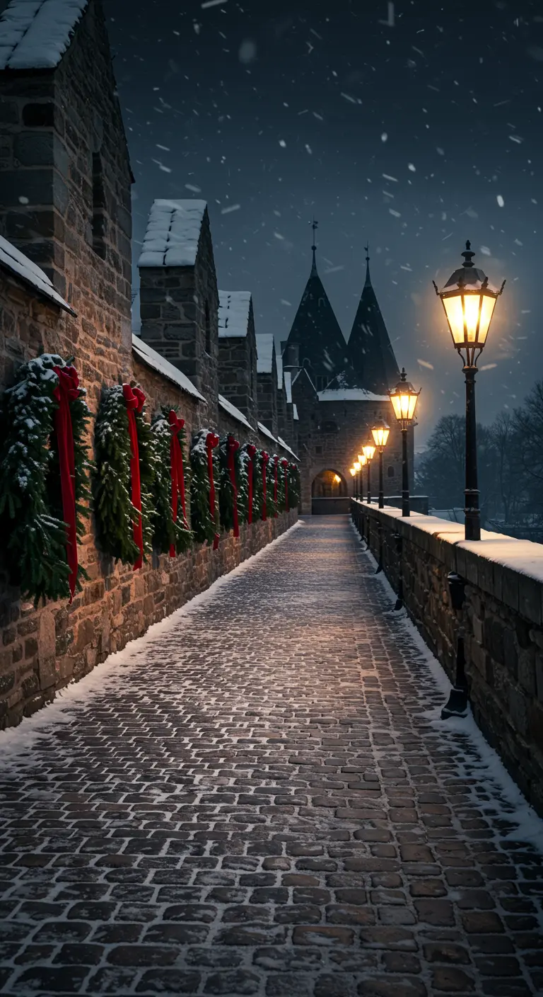 Stone castle wall lined with lampposts and green wreaths with red bows.