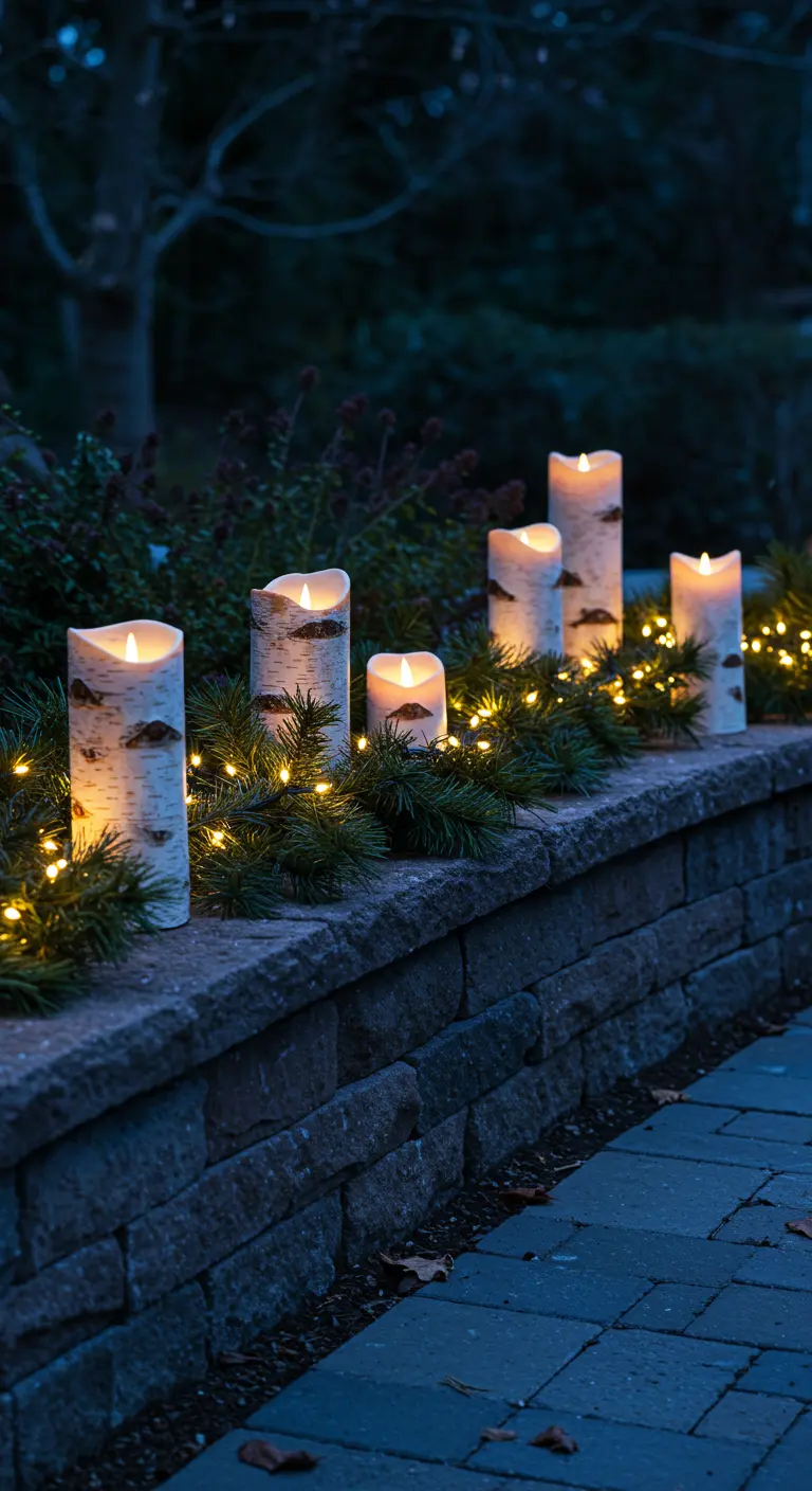 A stone retaining wall topped with a pine garland, fairy lights, and birch-bark-style LED candles.