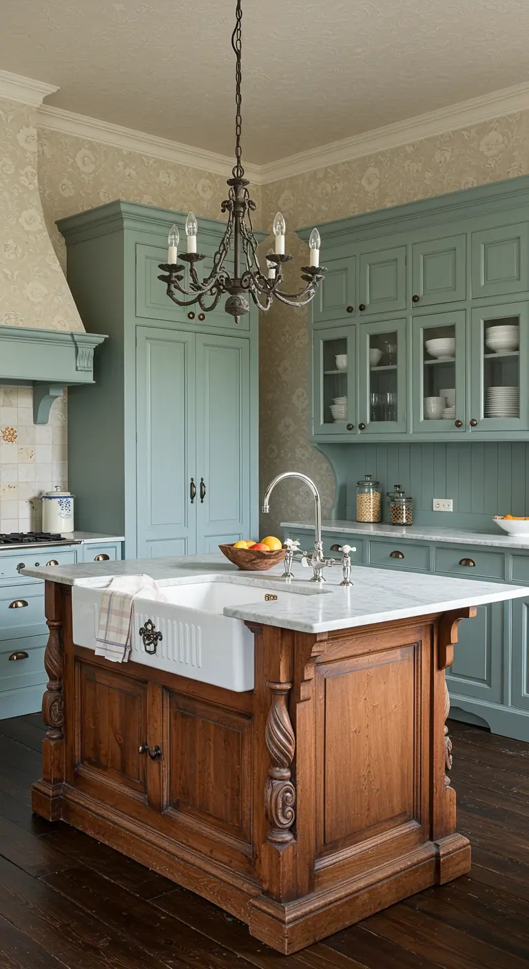 A Country French kitchen with soft blue cabinets and a heavily carved wooden island with a farmhouse sink.