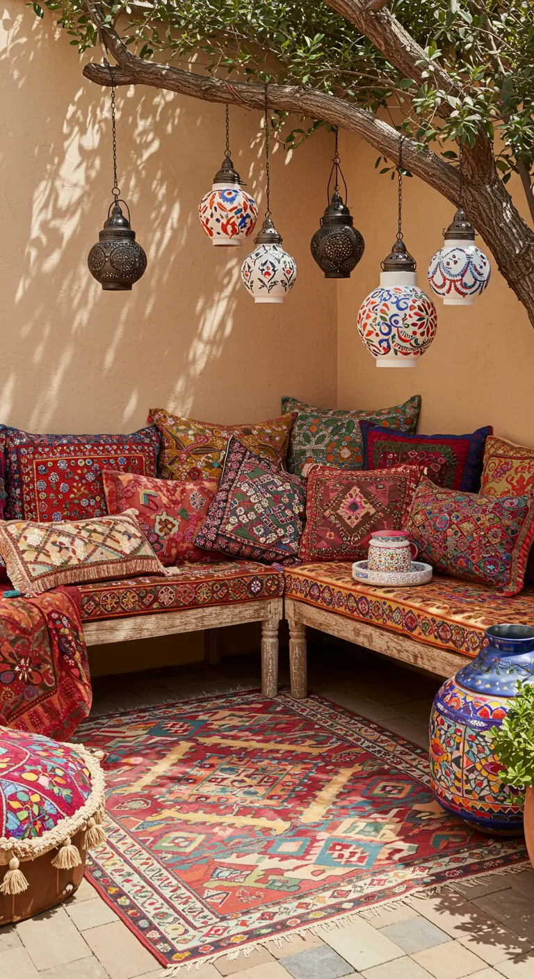 Colorful patio with patterned pillows, a kilim rug, and ceramic lanterns hanging from a tree.