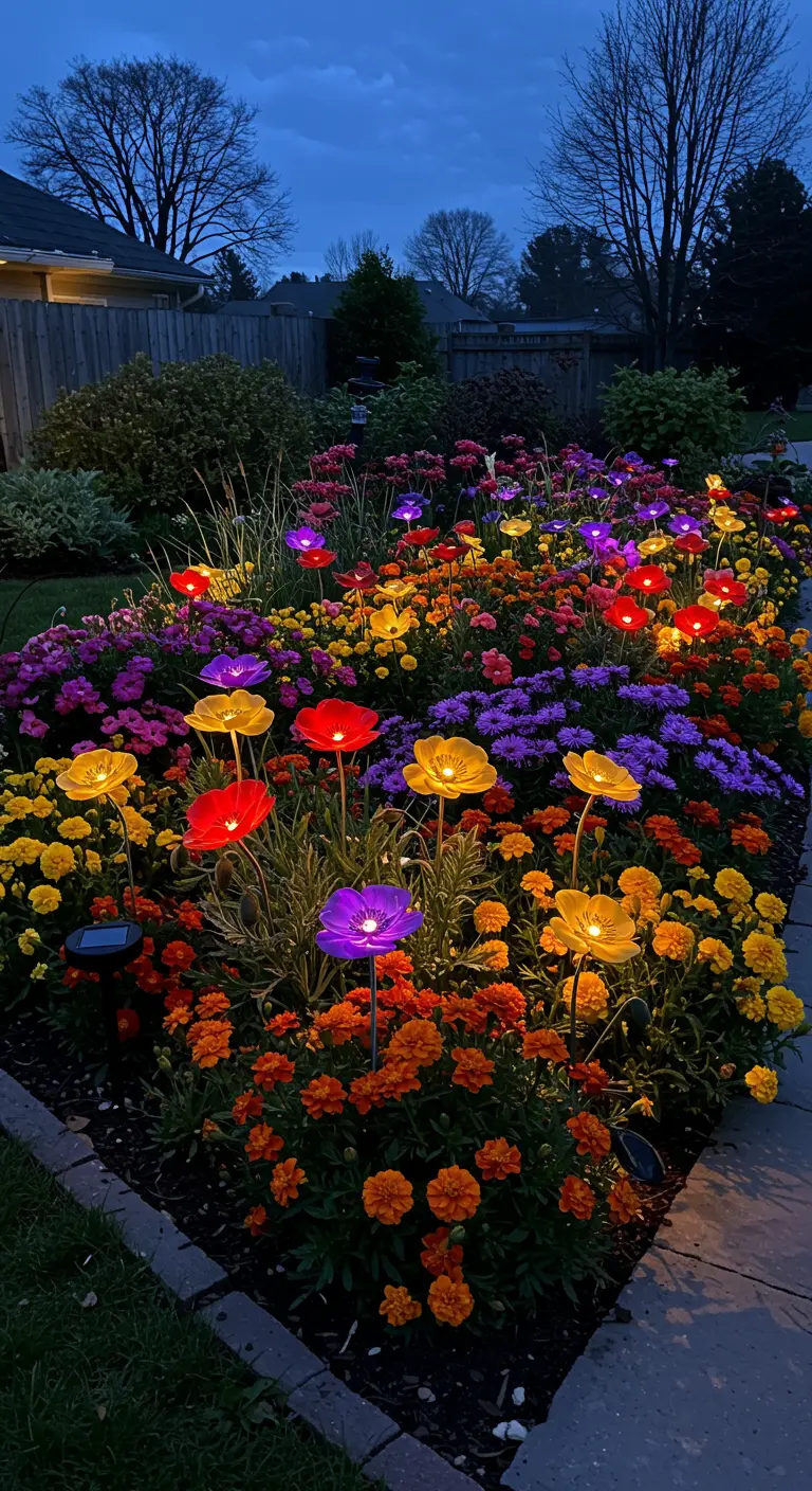 A colorful flowerbed filled with real flowers and equally colorful solar flower lights.