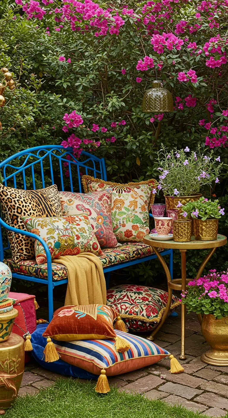 A vibrant blue bench covered in mismatched patterned and leopard-print velvet pillows in a lush garden.