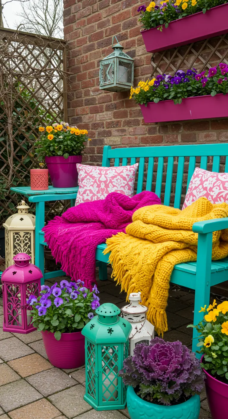 A brightly colored patio corner with a turquoise bench, pink and yellow blankets, and vibrant flowers.