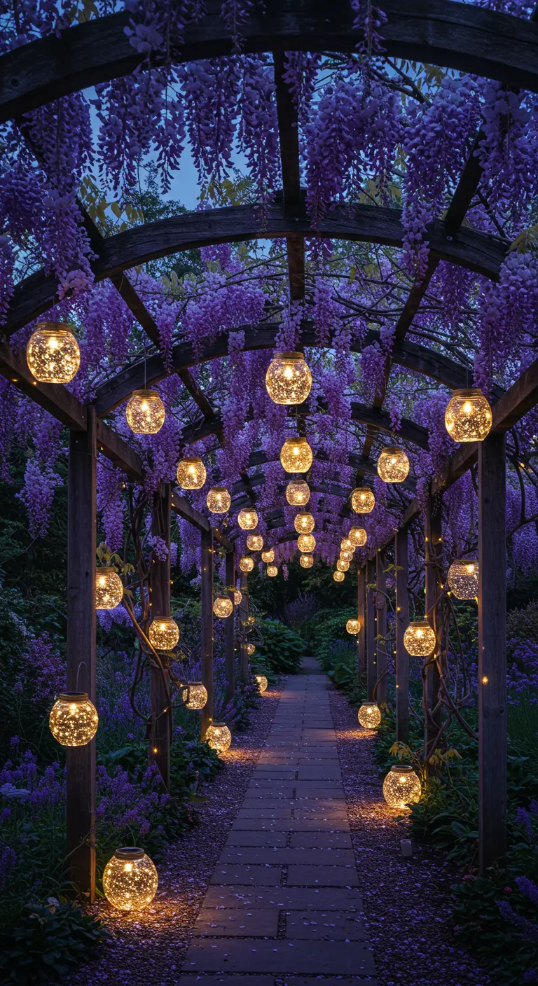 Long pergola draped in purple wisteria, illuminated by dozens of hanging solar globes.