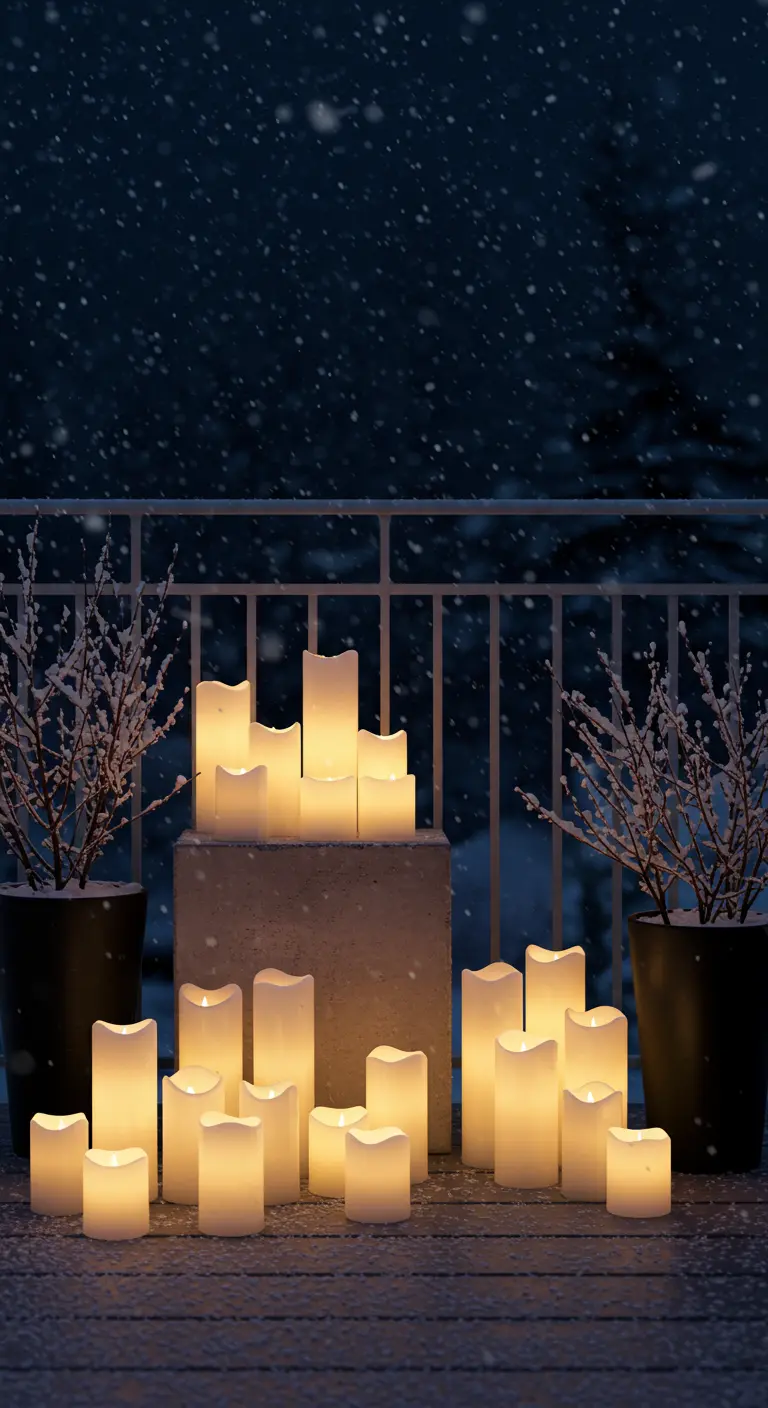 A large cluster of glowing flameless LED candles of various sizes on a snowy balcony at night.