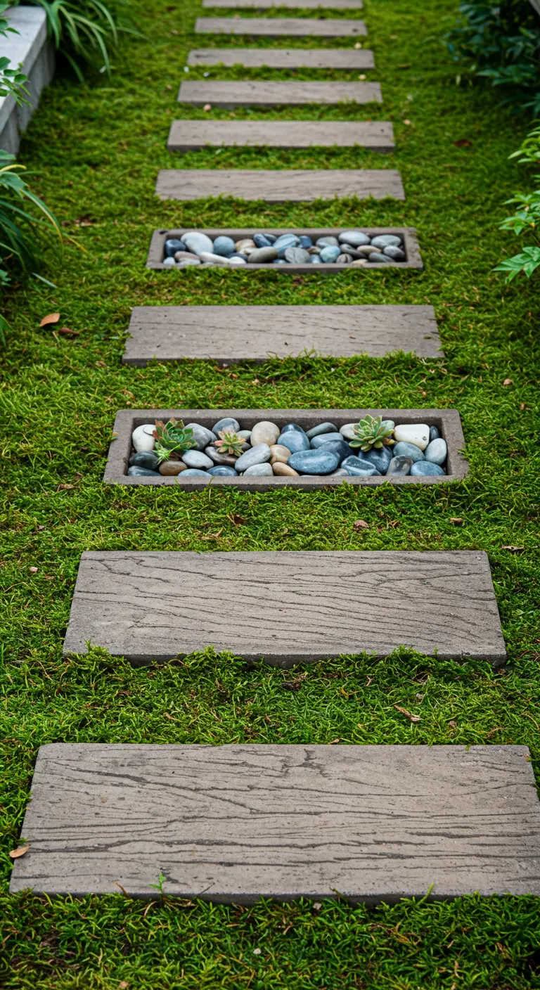 A path in a mossy lawn, alternating solid wood-grain pavers with recessed stone-filled ones.
