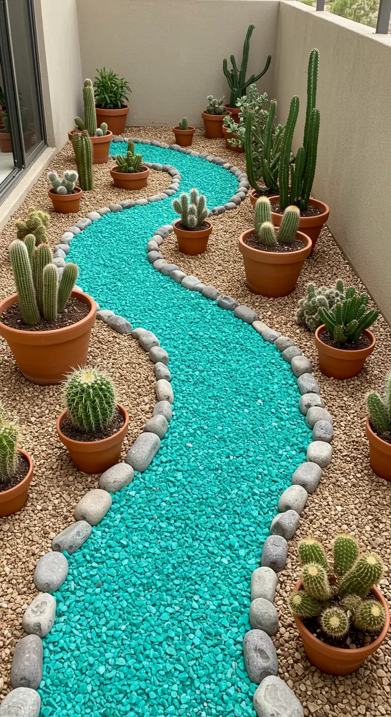 A balcony garden with a winding path of bright turquoise gravel.