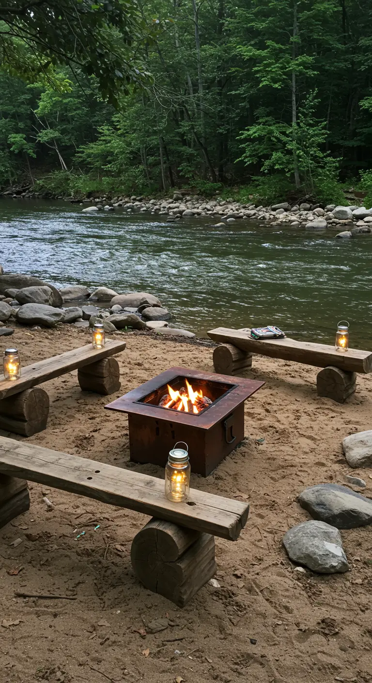 A fire pit on a sandy riverbank with simple log benches and solar-powered mason jar lanterns.