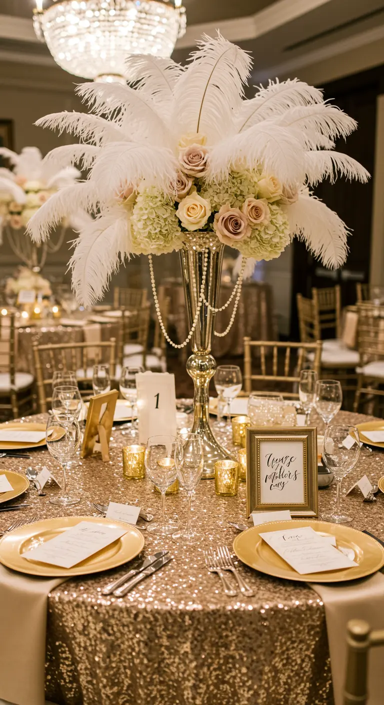 Glamorous 1920s-themed table with a sequin cloth, gold chargers, and a feather centerpiece.