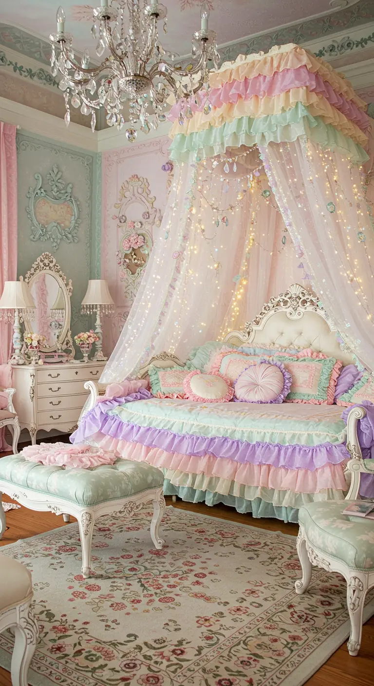 Ornate bedroom with a pastel ruffled canopy, crystal chandelier, and fairy lights.