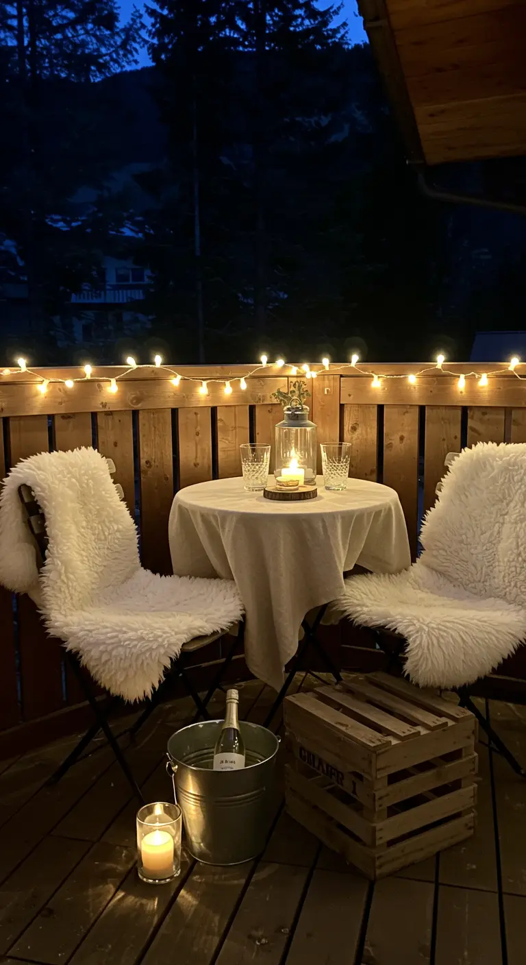 A small table set for two with a tablecloth and champagne on a balcony at night.