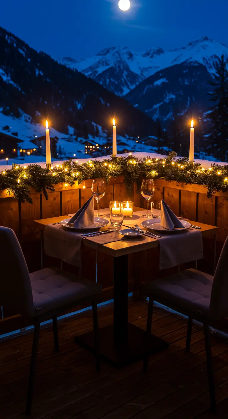 A romantic candlelit dinner setting on a balcony at night with a view of snowy mountains.