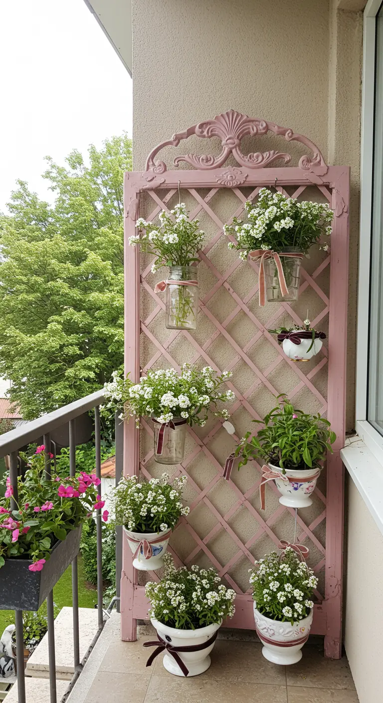 A pink-painted ornate trellis decorated with vintage pots, ribbons, and white flowers.