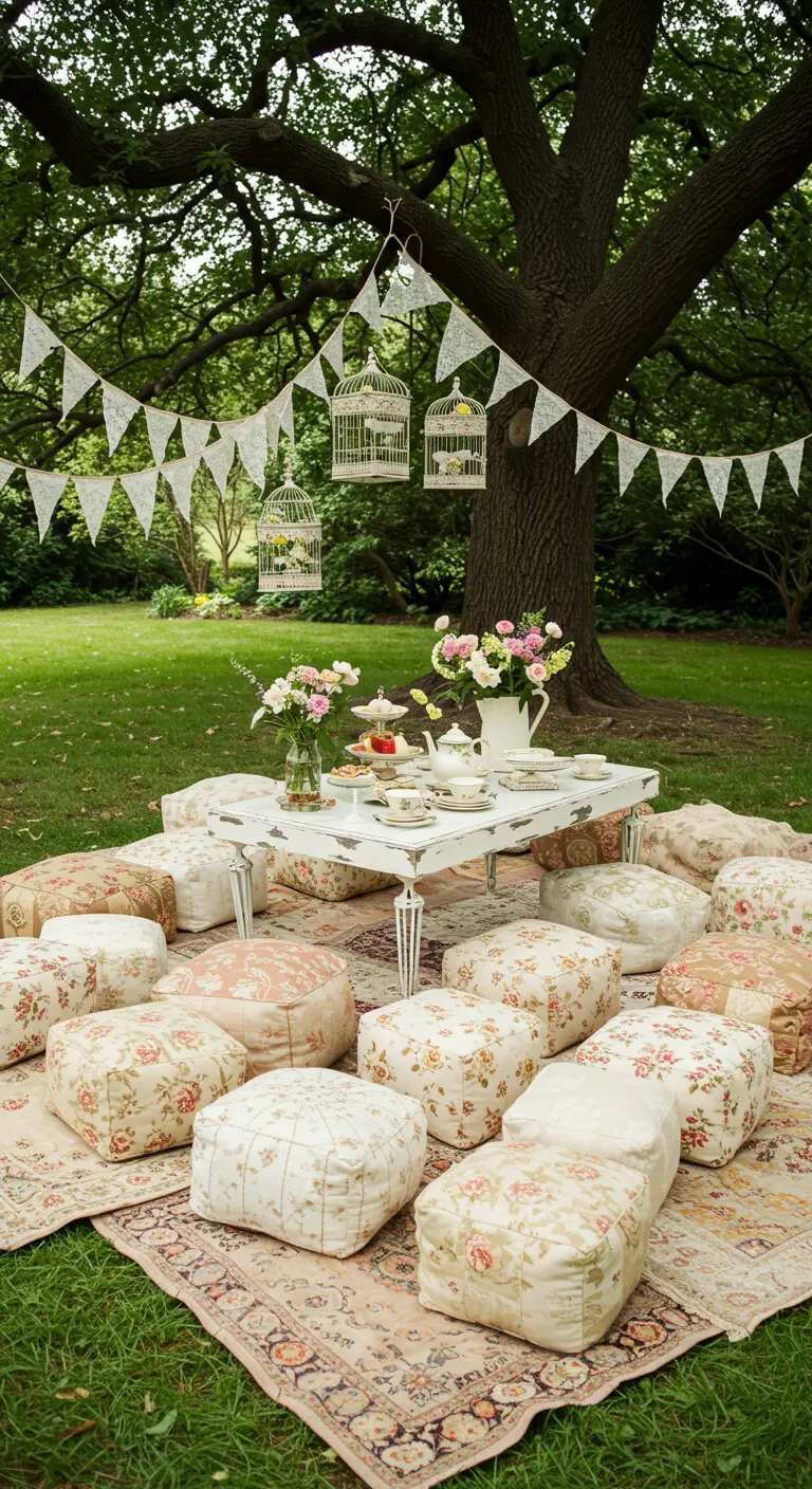 Mismatched floral poufs on a rug on the grass, set for a tea party with a white table and lace banners.