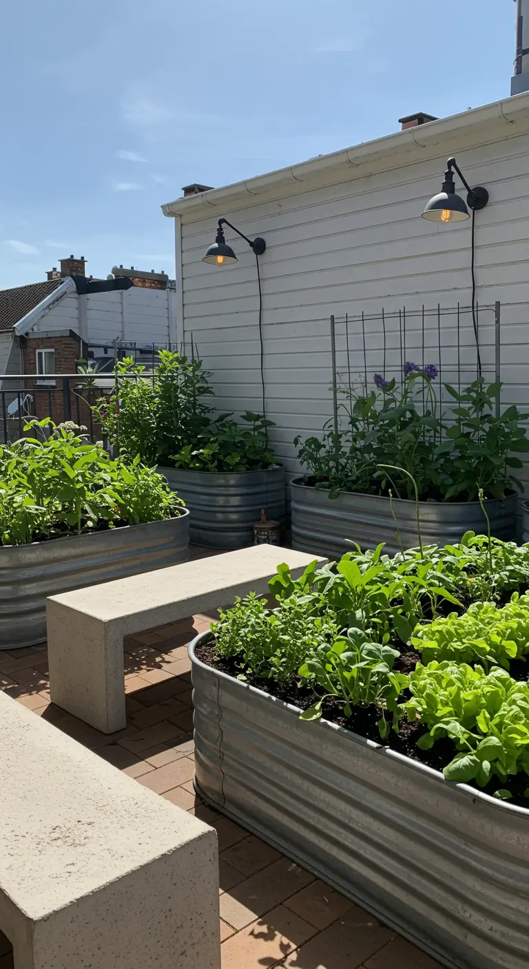 A sunny rooftop vegetable garden using galvanized stock tanks and concrete benches.