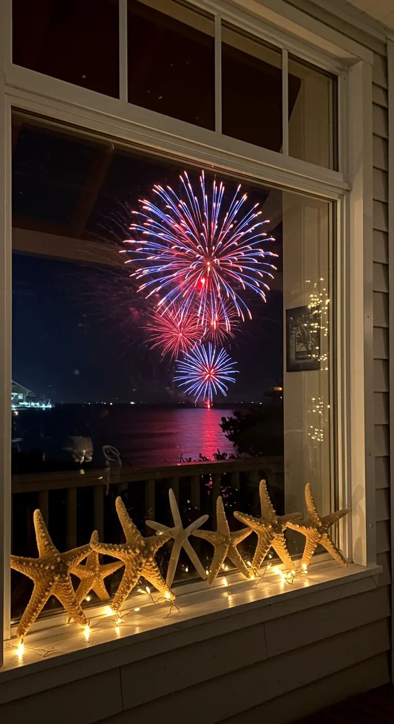 A view of red and blue fireworks through a window, with the windowsill decorated with starfish and lights.