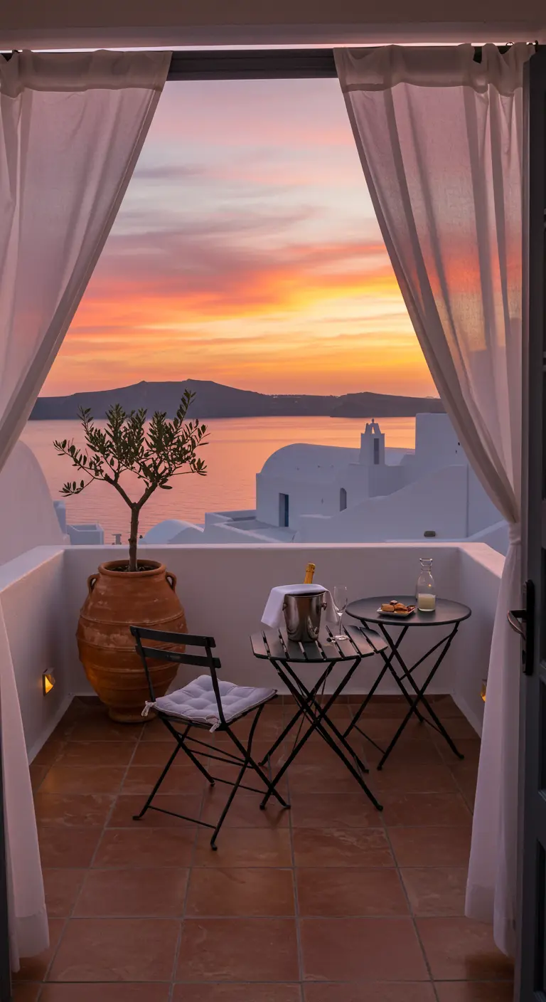 A stunning sunset view from a balcony, framed by sheer white curtains billowing in the breeze.