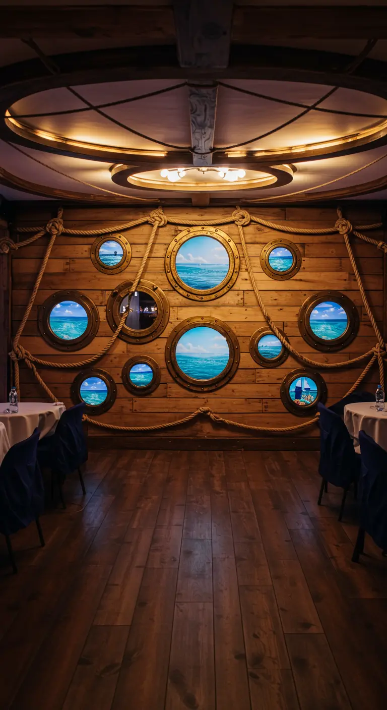 A wood-paneled wall decorated with portholes showing ocean views and draped with rope.