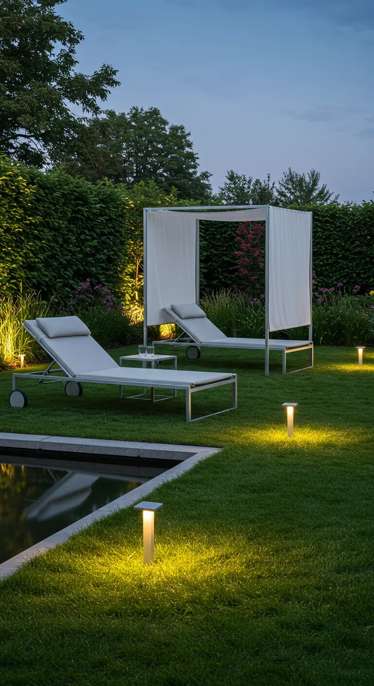 A modern white canopy daybed and two sun loungers on a lawn with garden lights.