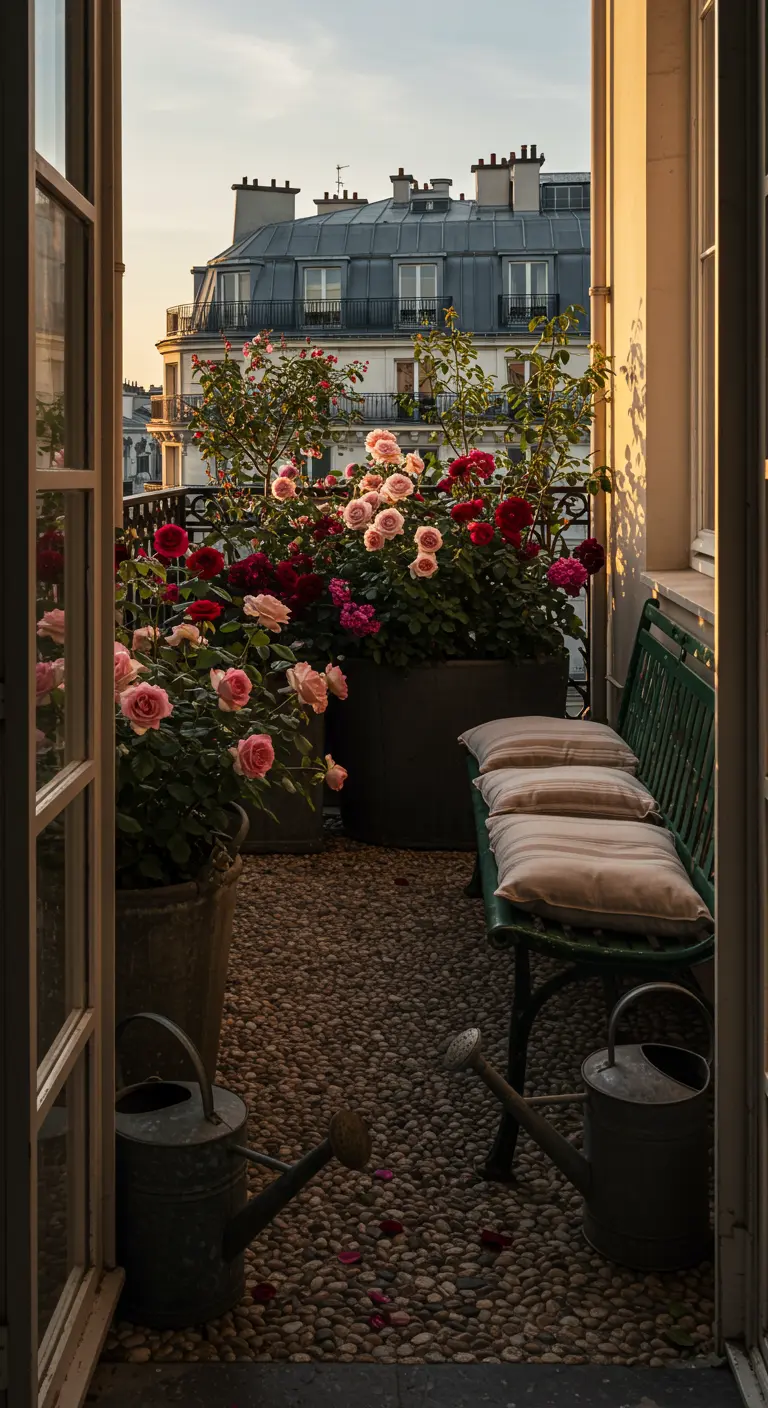Balcony with a green iron bench, lush pink and red roses in pots, and two watering cans.