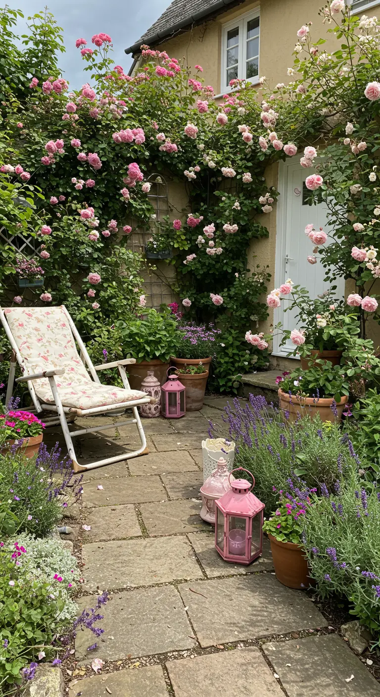 A lounger surrounded by climbing pink roses and potted lavender in a cottage garden with pink lanterns.
