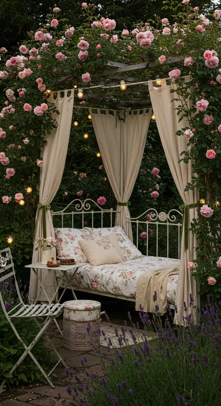 White iron canopy bed enveloped in blooming pink roses and lavender.