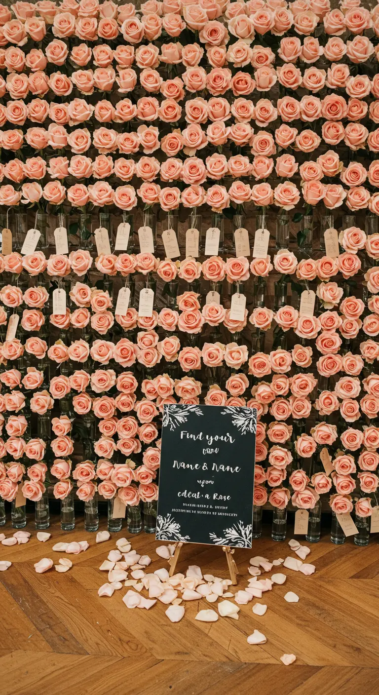 A massive wall of individual roses in bud vases, each with an escort tag.