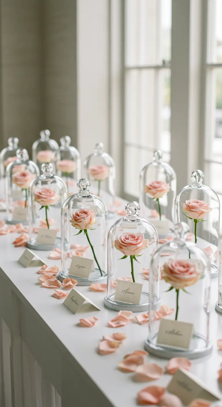 Individual blush roses preserved under glass cloches as escort card holders.
