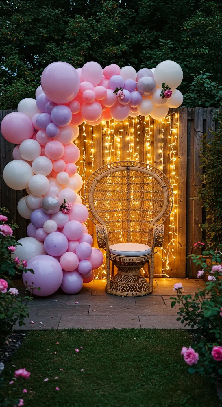 A romantic balloon arch in pink and purple with fairy lights behind a wicker peacock chair in a garden.