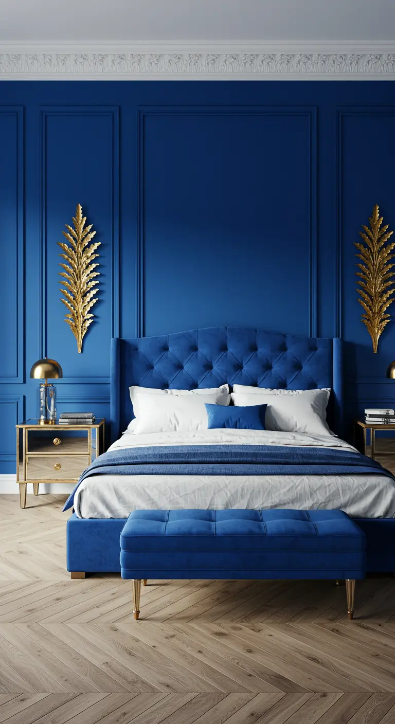 Bedroom with royal blue walls, a matching tufted bed, and gold leaf-shaped wall sconces.