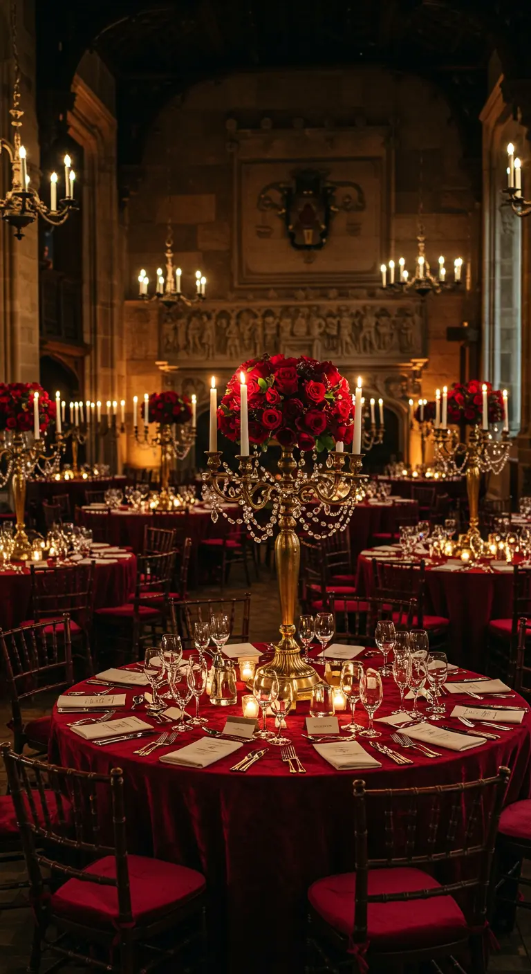 Opulent wedding table with a large gold candelabra dripping with crystals over red roses.
